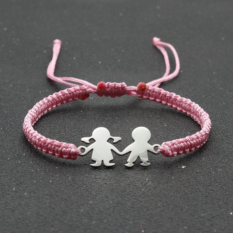 Leuke Familie Stijl Roestvrij Staal Jongen Meisje Bedelarmband Lucky String Handgemaakte Braid Verstelbare Armbanden Voor Vrouwen Mannen Stellen: Pink