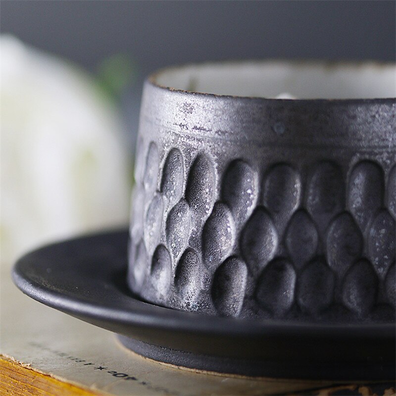 Handmade Ceramic Coarse Pottery Espresso Coffee Cup with Saucer Set Simple Office Milk Yogurt Mug Teacup Drinkware