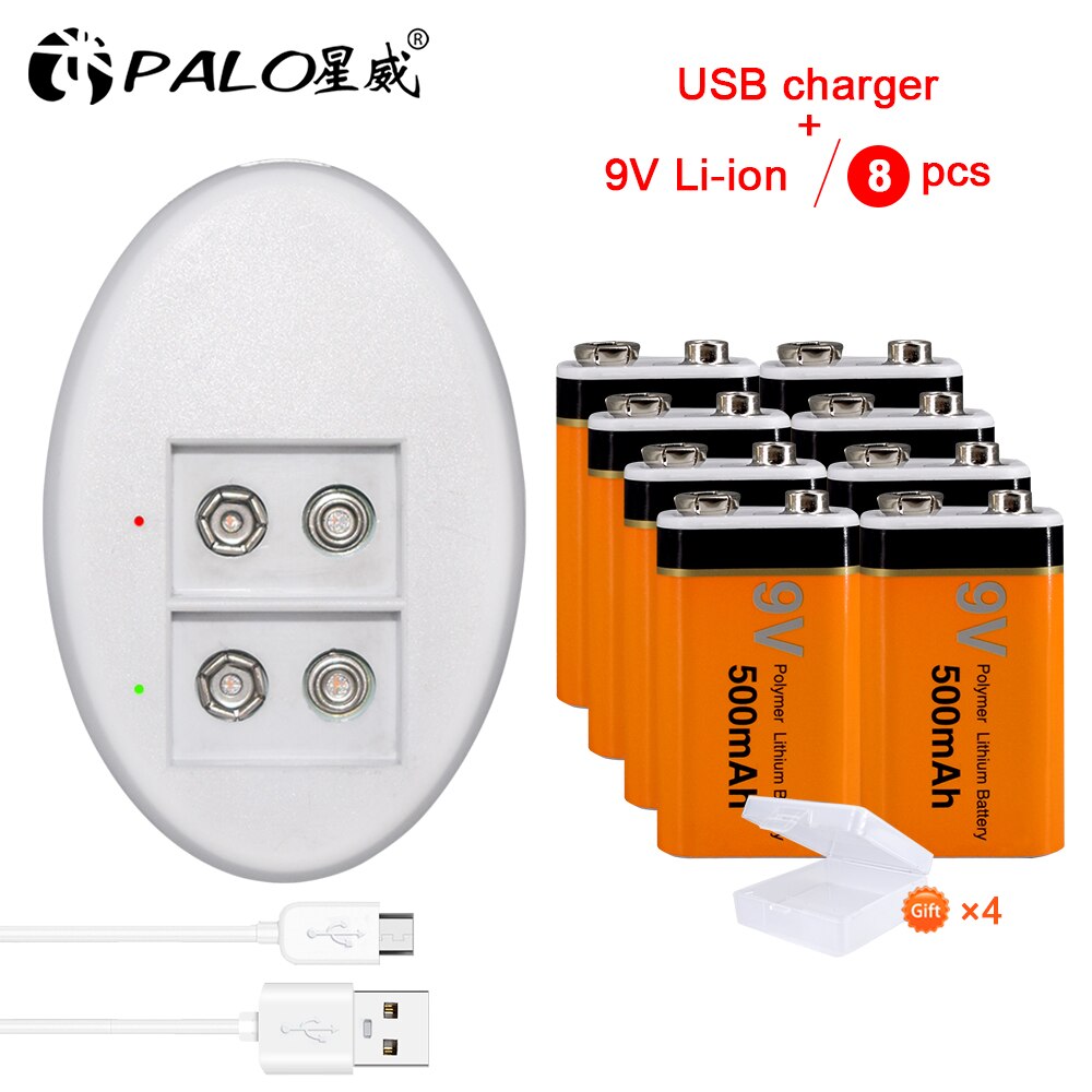 Palo 500 mah 9v li-ion genopladeligt batteri 9v batteri + smart 9v oplader til 9v nimh genopladelige li-ion batterier: 8 stk. og oplader