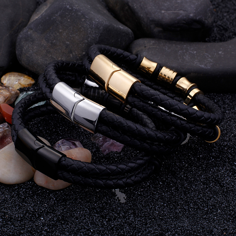 TrustyLan Couleur Or En Acier Inoxydable Bracelet En Cuir Hommes En Cuir Noir Pour Hommes bracelets d'enveloppement Bijoux Bracelet Avec Fermoir Aimanté