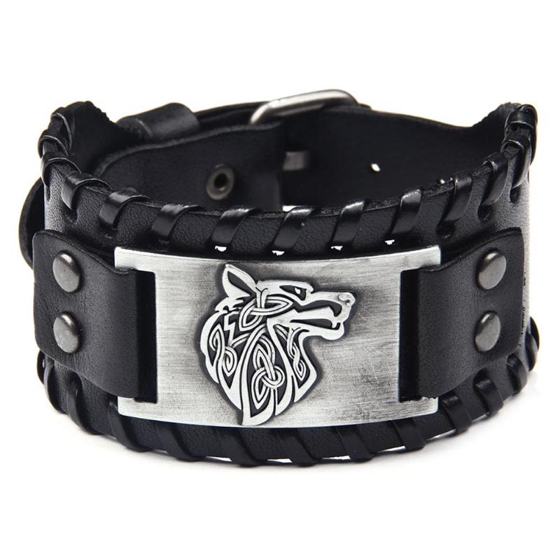 Runas nórdicas Vegvisir brújula pulsera vikinga pulseras nórdicas brújula brazalete de cuero ancho pulsera nórdica hombre joyería: Silver B