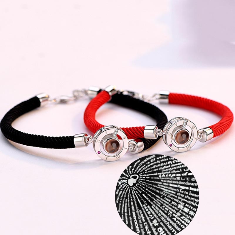 Pulsera de cuerda hecha a mano roja de la suerte para los hombres de las mujeres pareja de amantes románticos de la 100 idioma te amo pulsera de proyección