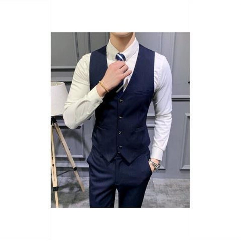 Men's Classic Formal Business Slim Fit Chain Dress Vest Suit Tuxedo Waistcoat Mens Wedding Vest: Navy (Only vest) / M