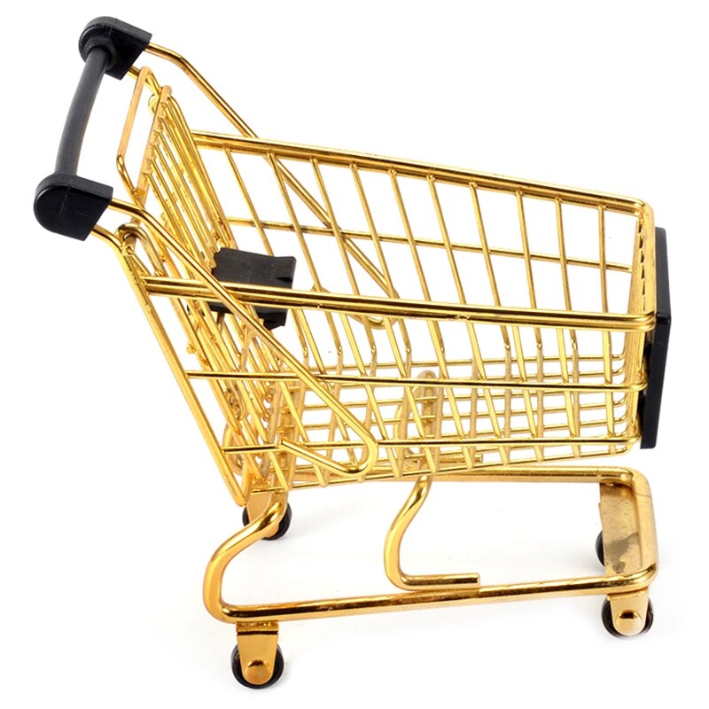 Mini Shopping Cart Storage Box Small Object Storage Basket Wrought Iron Metal Supermarket Trolley Storage Basket-Gold: Default Title