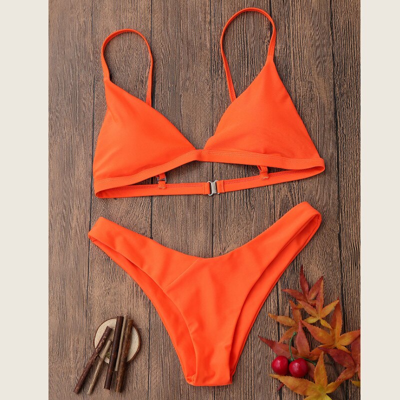 Bikini kvinder trekant ensfarvet bikini sæt push-up polstret bh badedragt høj talje badetøj trekant badedragt: Orange / L