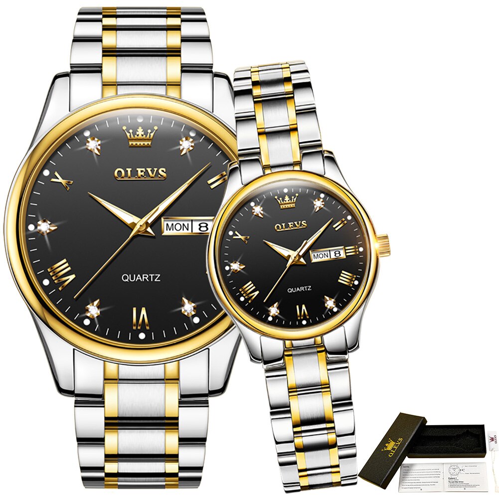 Olevs Waterdichte Gouden Diamanten Ingelegde Grote Horloge Voor Paar Quartz Roestvrij Stalen Band Paar Horloge: NO.2