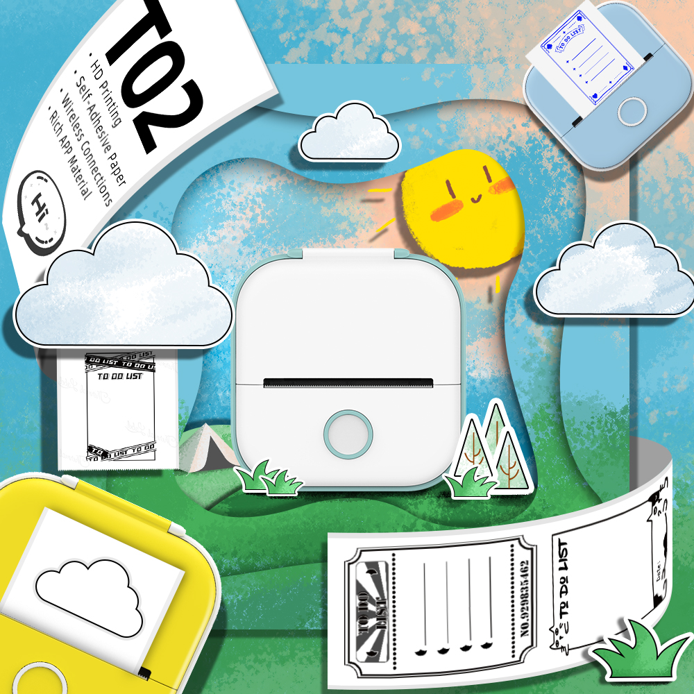 T02 Portable Printer Phomemo Mini Sticker Printer Self-adhesive Labels Inkless Sticker Printer for Journal, Notes, Photo, DIY