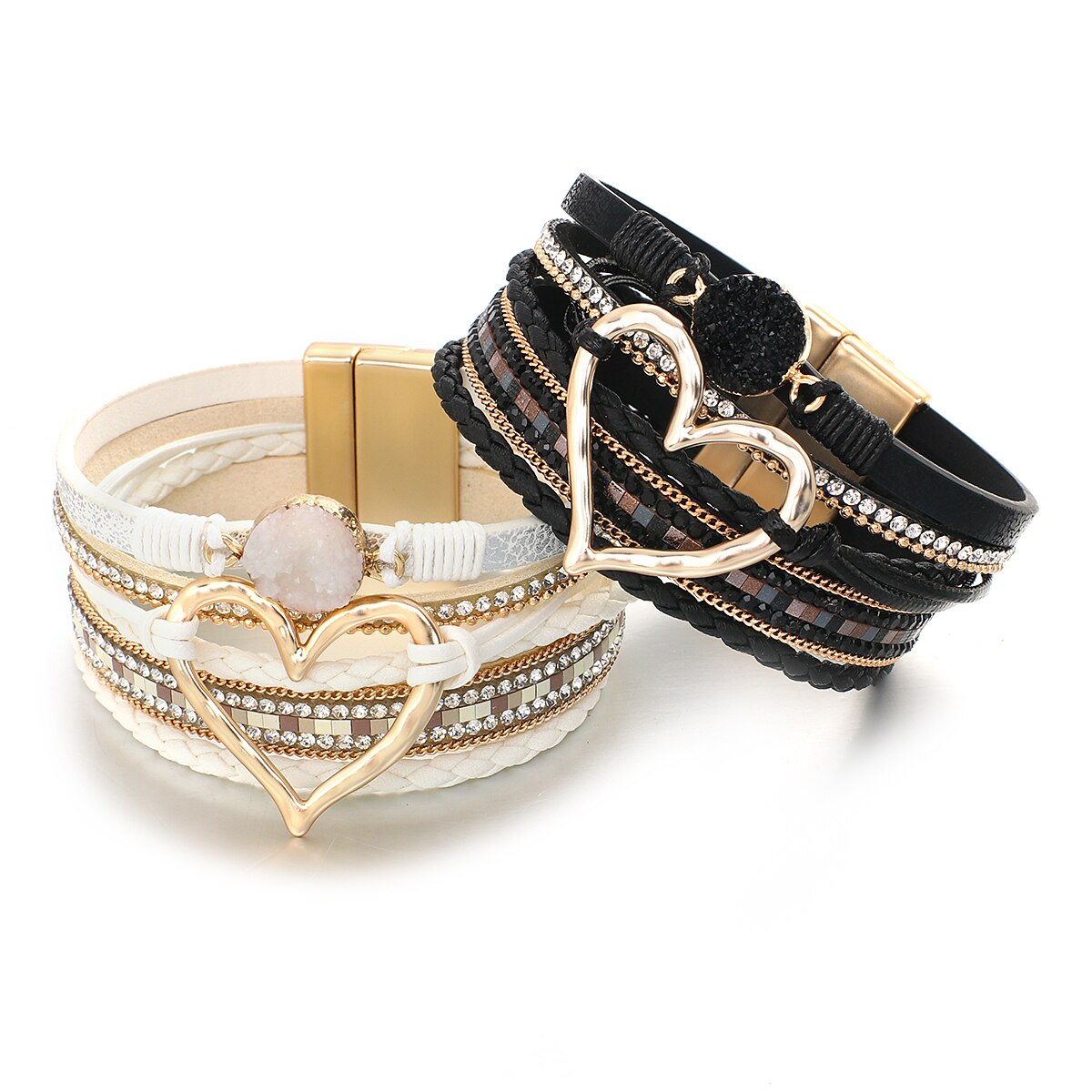 ALLYES braccialetti in pelle con ciondolo a forma di cuore in metallo per donna moda bohemien con strass in resina bracciale avvolgente bracciale coppia gioielli