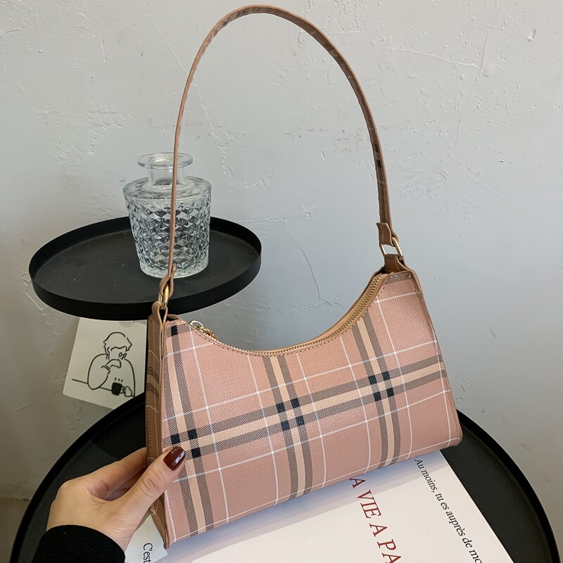 Baguette Shape Women Handbag Female Plaid Striped Shoulder Bag Luxury Underarm Bag Clutch Phone Bags Daily Tote: Khaki