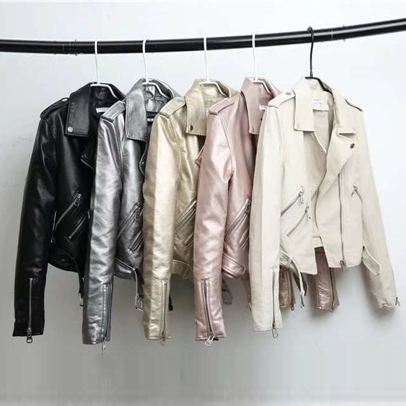 Silver Leather Jacket Women Metallic Motorcycle Short Jackets Lapel Zipper Biker Coat Soft Ladies Punk Streetwear