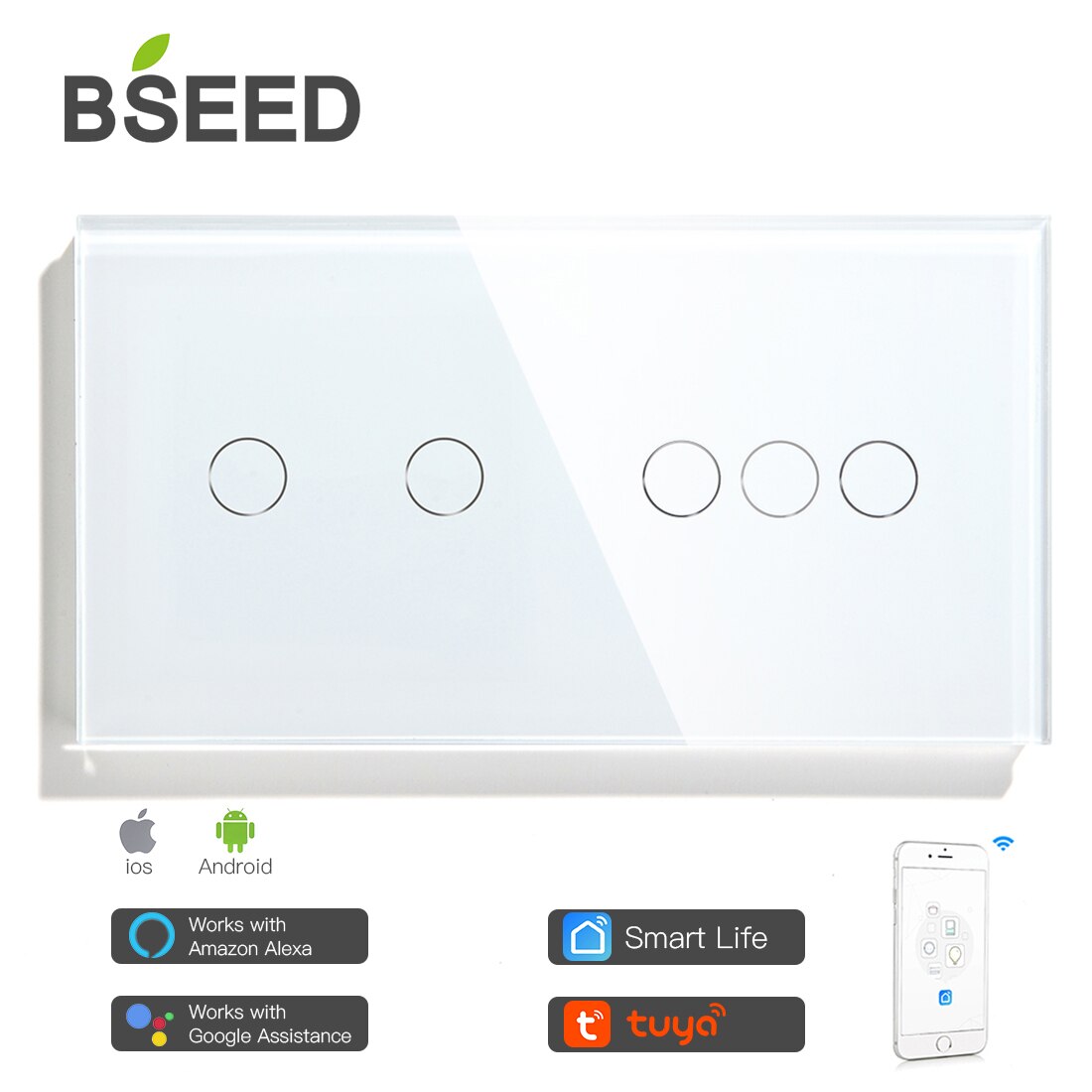 Bseed Smart 5 Gang Wifi Touch Switch Werken Met Tuya Alexa Lichtschakelaar Wit Zwart Goud Spiegel Kristal Panel Google thuis