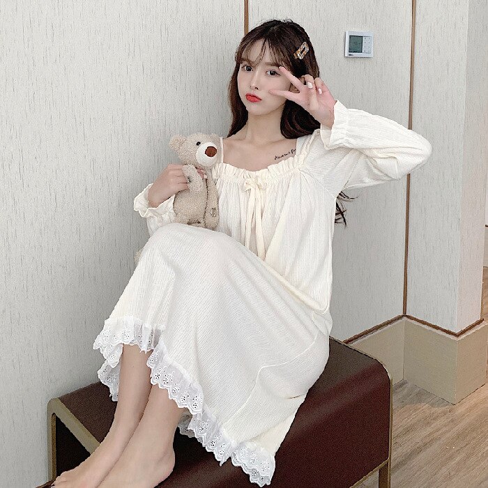 Tavimart Cotton Nightgown Women Sweet Lovely Sleepwear White Nightgown Spring Autumn Leisure Fashion Cotton Sleepwear Original main image 1