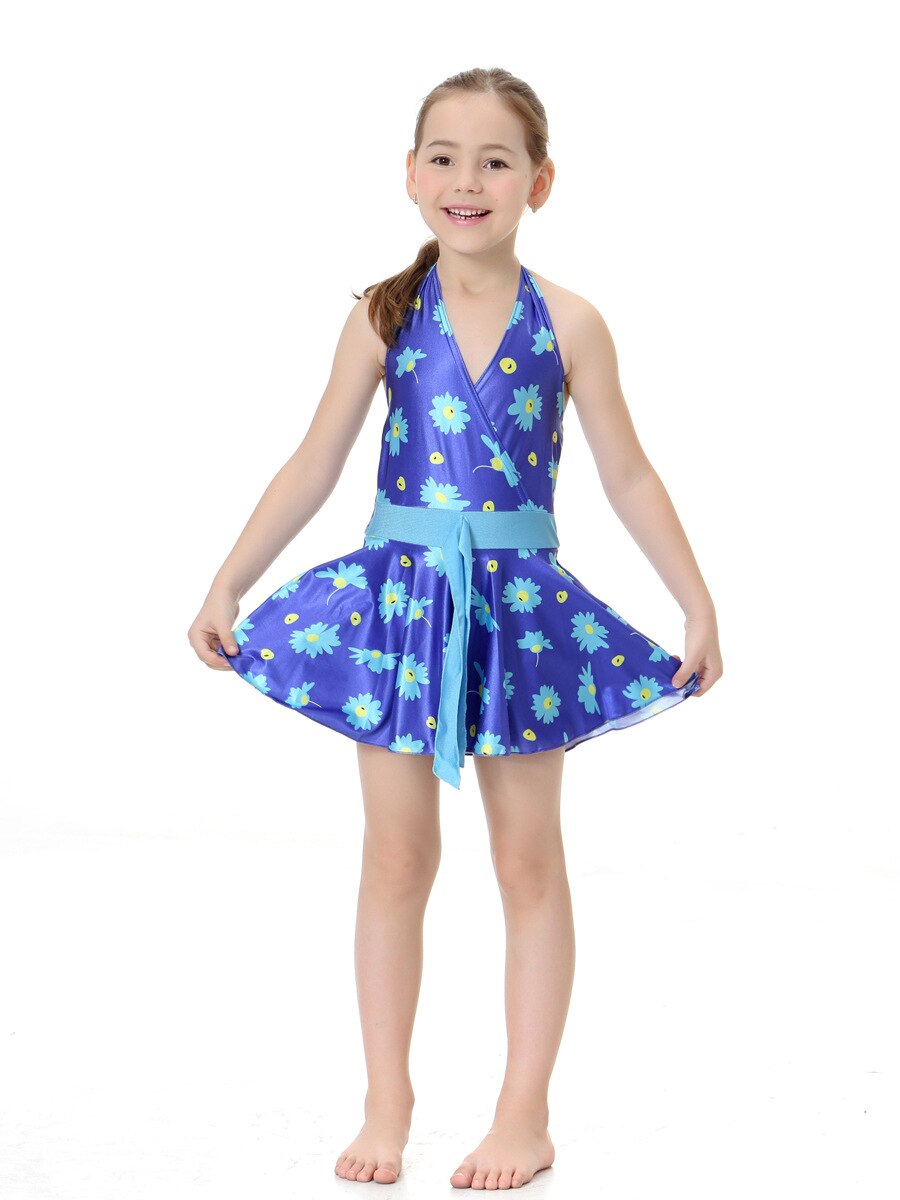 Girls One-piece Swimsuit floral print halter bikini Swimwear backless Swim Shorts Children burkini swim bathing suits VKYY1057: Purple / M