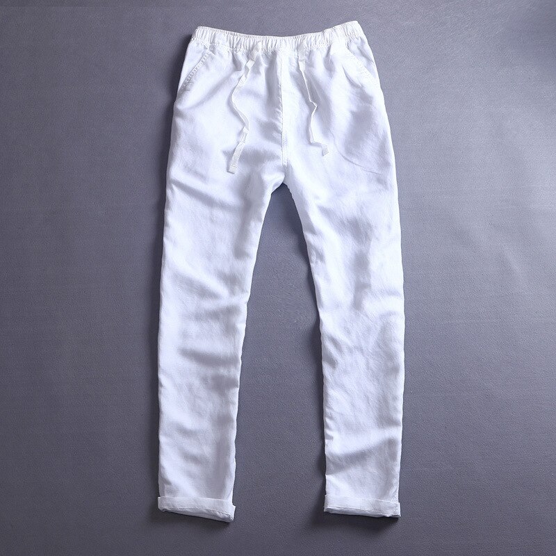 Heren Linnen Katoen Casual Broek - Elastische Tailleband, Loose Fit, Lange Broek: Xl / Wit
