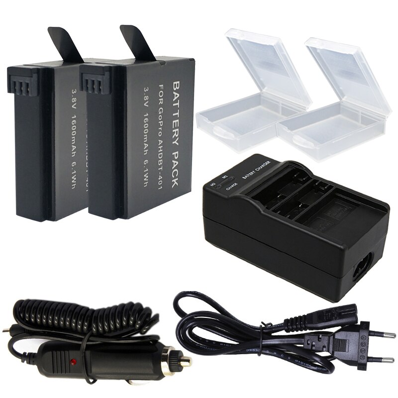 2*  ahdbt -401 ahdbt 401 accu + eu kabel + autolader voor gopro 4 hero 4 accu's gopro hero 4 bateria action camera