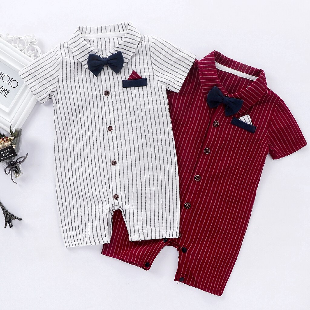 Baby Boy Kleding Pasgeboren Party Bow Tie Romper Gentleman Peuter Streep Katoen Korte Mouwen Jumpsuit Baby Zomer Kleding