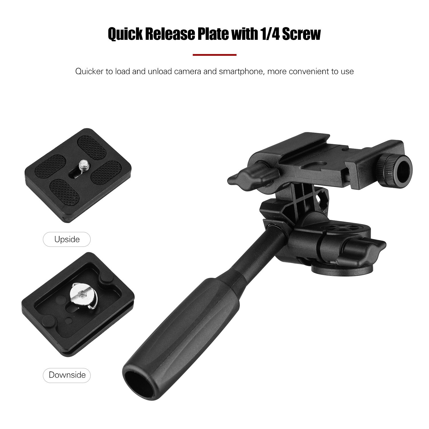 3-Way Pan Tilt Head 360° Panoramic 3KG Payload with Handle Quick Release Plate Universal 1/4 Mounting for Camera Tripod Mounting