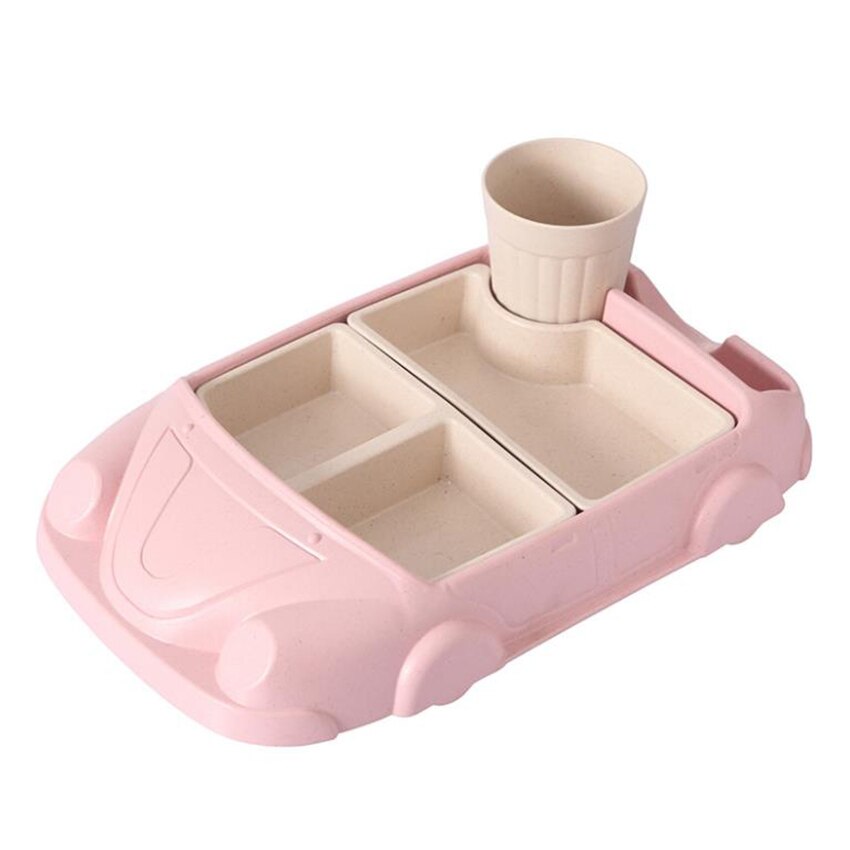 1 sett tegneserie bil form baby tallerken, bambus fiber pp tallerken bolle kopp, barn servise, barn fôring middag tallerken: Rosa