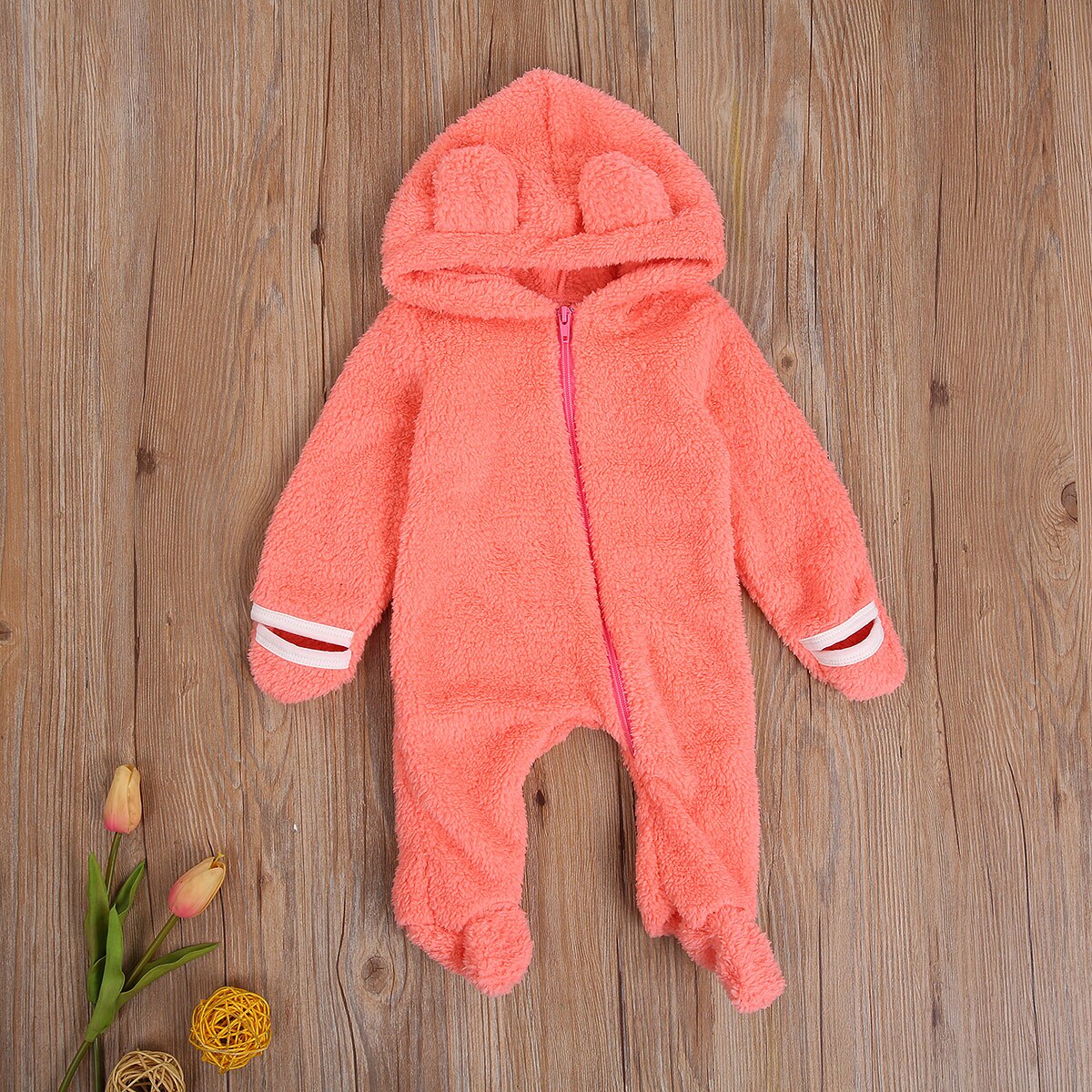 Lijst babymeisjes jongen lange mouwen voetbal jumpsuit capuchon badstof berenoren gradiënt kleur dikke warme lentekleding