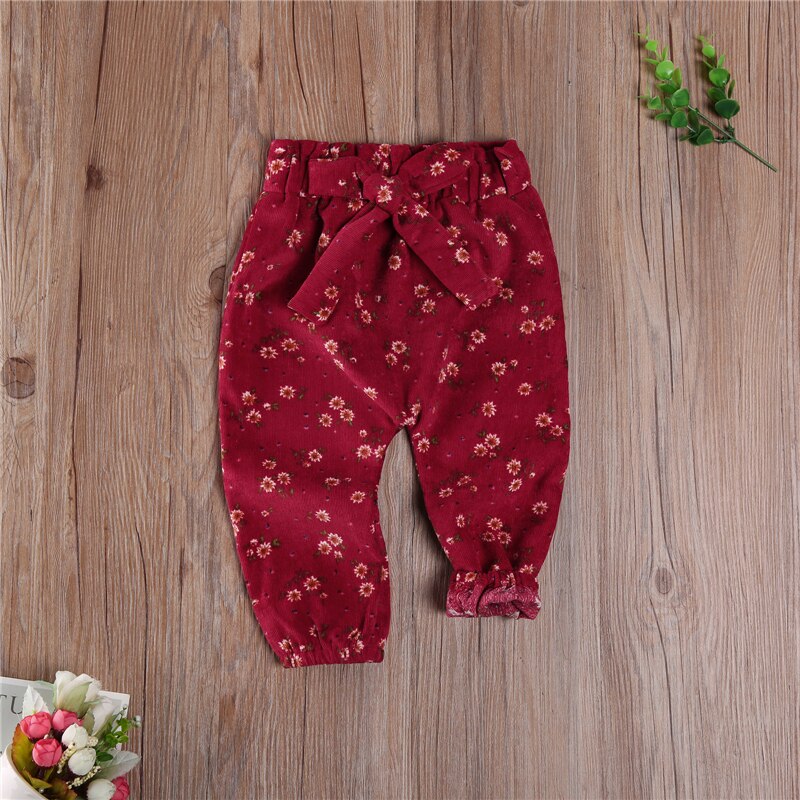 Pantalones de pana para niña, pantalón adelgazante con estampado de flores, ropa con lazos, pantalón holgado para niña pequeña