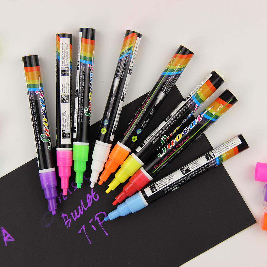 8 Colours Highlighter Pen 3mm Liquid Chalk Fluorescent Neon Marker LED Glass board Art Marker Pens Office Supplies 1PC