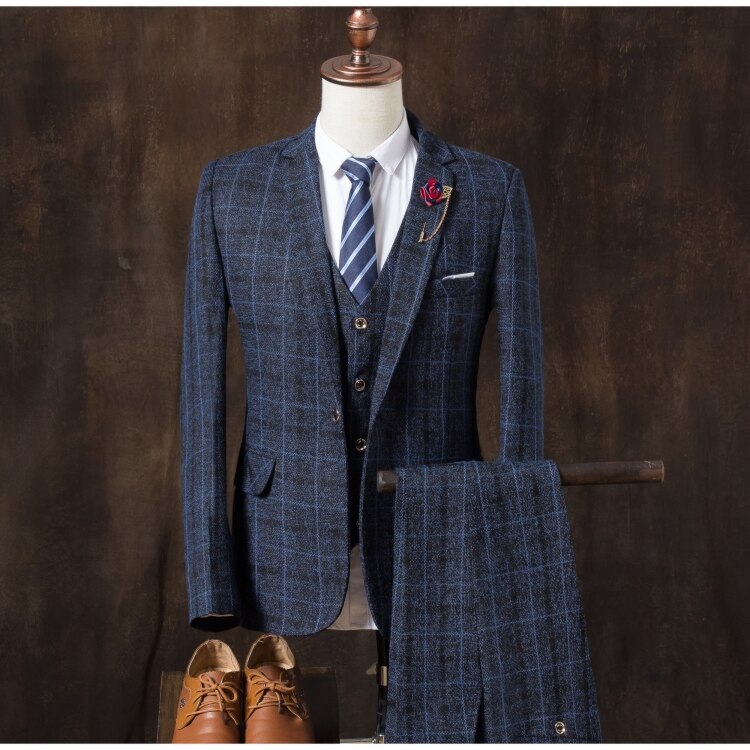 (Jacket + vest + pants) men's slim suit, high-end business plaid suit jacket, men's wedding banquet dress three-piece: navy blue / XXL