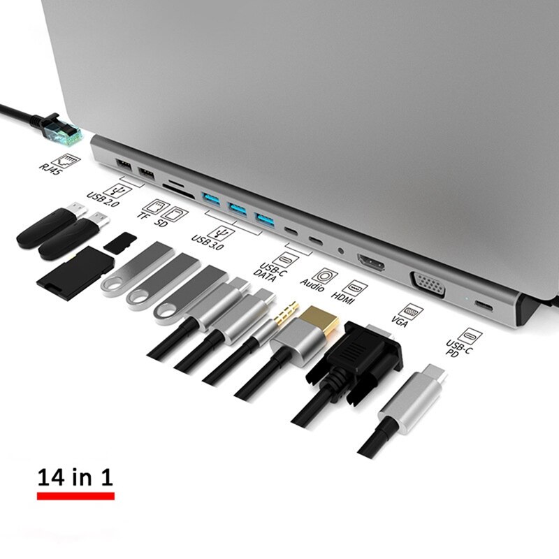 14-In-1 Usb C Hub USB3.0 Docking Station RJ45 + Hdmi-Compatibel + Vga + Aduio + Pd Usb Splitter Voor Matebook
