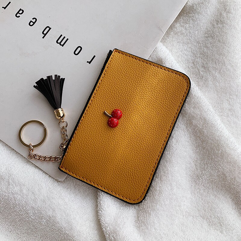 Enkel körsbär koreanskt pu-läder ultratunn klämma mjukt läderfransar dragkedja kort plånbok damkortväska noll plånbok: Gul