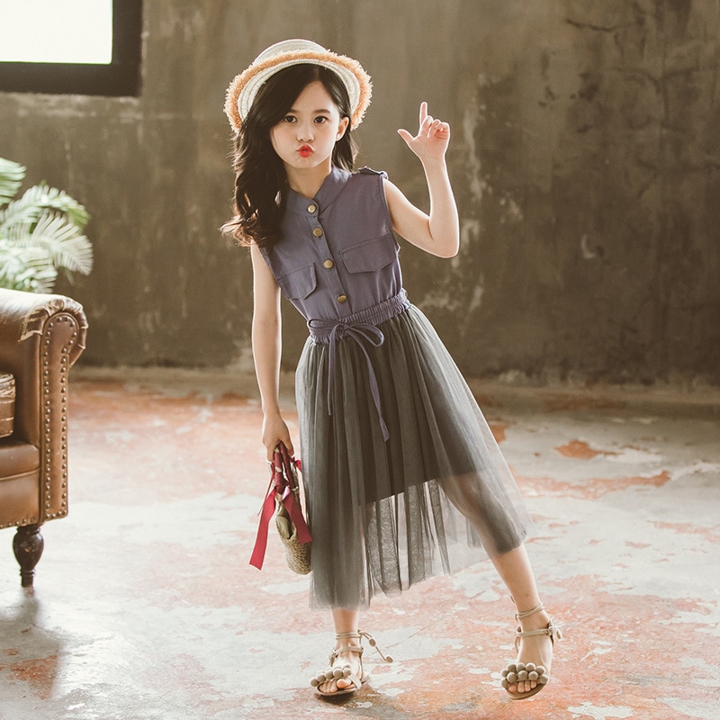 Teenage Girl Dress Summer Sleeveless Meash Spliced Princess Kids Dresses For Girls Children Clothing 4 5 6 7 8 9 years