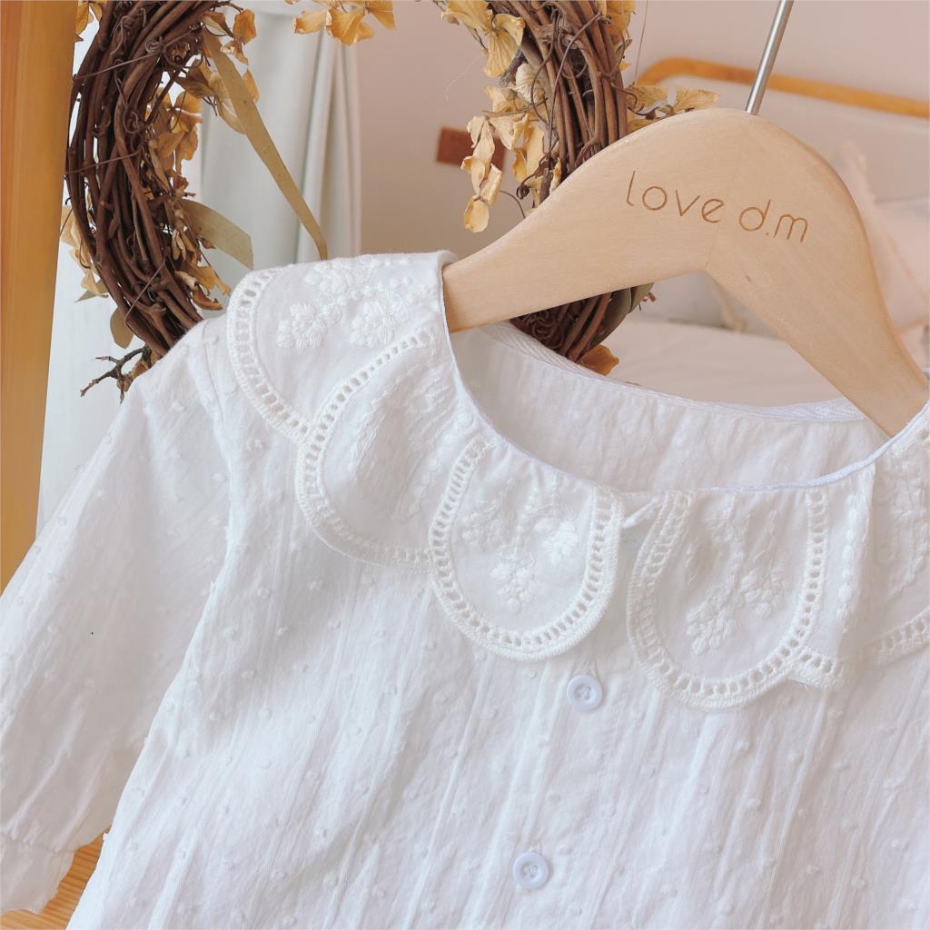 Girls' Lace Shirt Spring and Autumn Children's Lapel Long Sleeve Shirt All-match Girl Cotton White Top