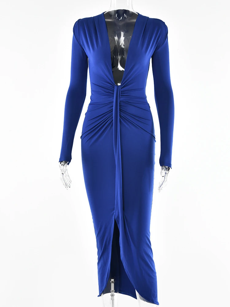 Hvid høj stretch sexet kjole kvinder plisseret dyb v bodycon midi efterårskjole festkjoler vestidos