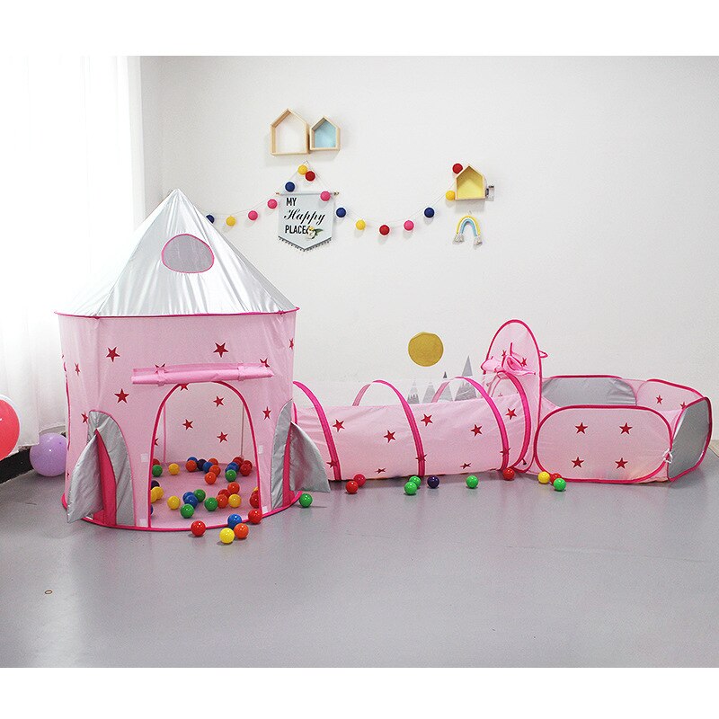 Kids 3 in 1 Tent Spacecraft Tent Space Quilt Tent Game Pink House Rocket Ship Play Tent Girl Ball Pool