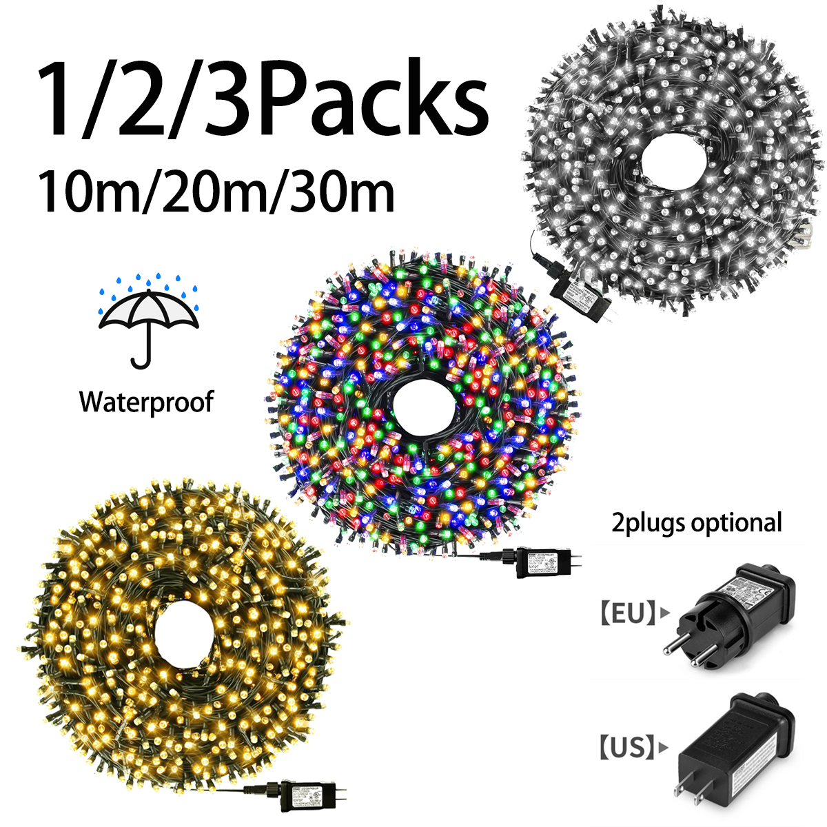 1/2/3 Uds. Guirnalda de luces LED 10M/20M/30M adorno de Hada de árbol de Navidad para exteriores 220V enchufe europeo/110V enchufe estadounidense, lámpara de decoración de CW/WW/RGB