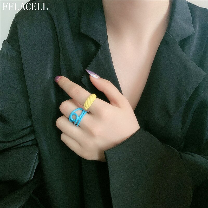 FFLACELL , nueva de Corea, anillos abiertos irregulares pintados a mano con Anillos geométricos de aceite de goteo colorido a la para mujer, joyería de
