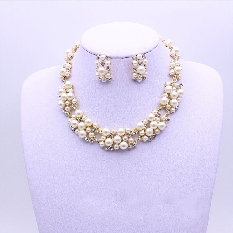 Simple Imitation Pearl Bridal Jewelry Crystal Necklace Earrings for Girl Party Rhinestone Engagement Jewelry Sets: White