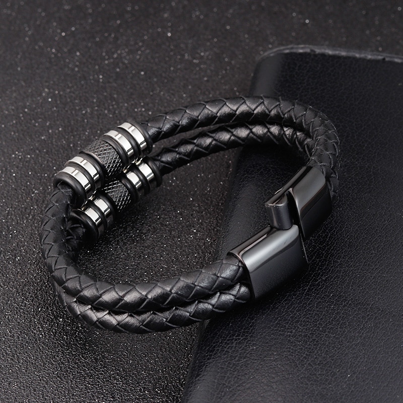 Stainless Steel Accessories Multi-layer Hip Hop Rock Style Black Color Men's Leather Bracelet Year