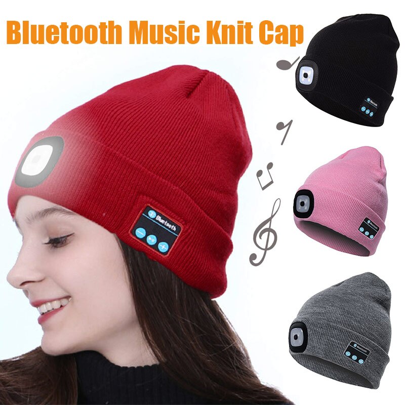 Sombrero de punto abrigado con Bluetooth, gorro con música, Auriculares deportivos estéreo inalámbricos, luz LED, para acampar, senderismo, pesca y montar