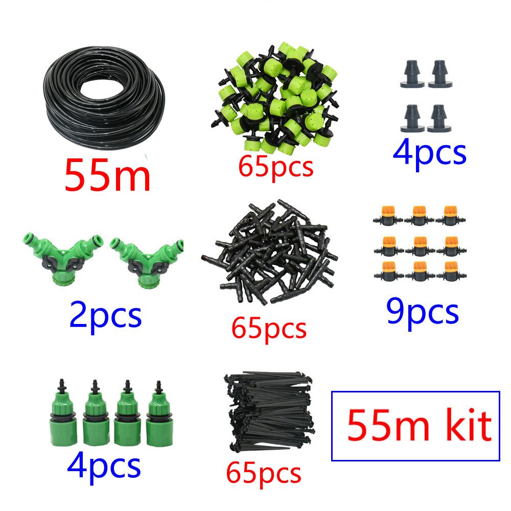 Sistema de riego por microgoteo automático para jardín, kit de autoriego por aspersión de 8 agujeros con gotero verde ajustable, 5-60M, 1/4 pulgadas: 55m