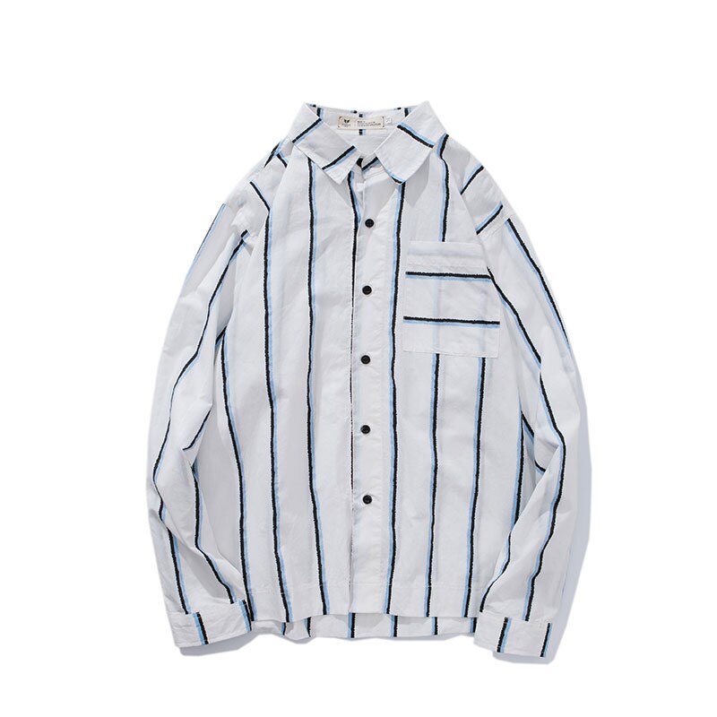Coréen rayure hommes en vrac chemise blanc à manches longues bouton col chemises décontracté haute rue hommes printemps vêtements MM60NCS