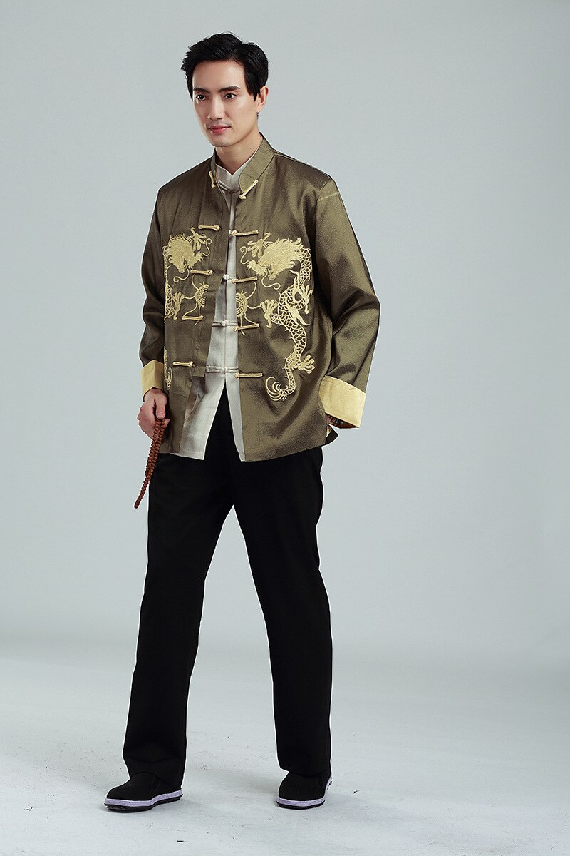 Chinese Kung Fu Geborduurde Gouden Dubbele Draak Tang Pak Mannen Met Lange Mouwen Jas Lente Herfst Leisure Kraag Jas bruce Lee: Green / XXXL