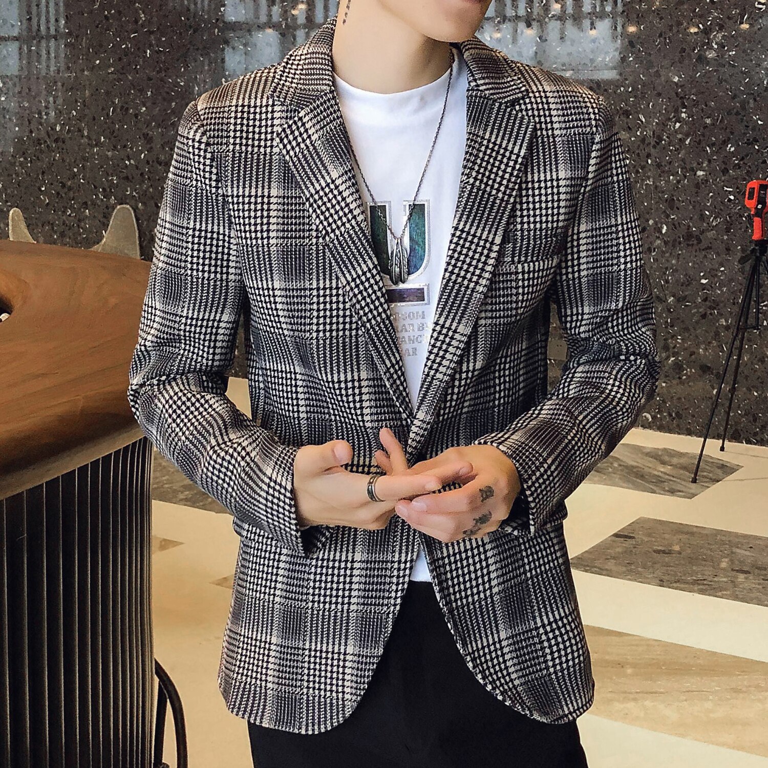 Business casual höst kavaj maskulino röd grå lapptäcke tweed blazer herr slim fit snygg rutig kavaj homem terno masculino: Grå / Koreanska  xl 60-65kg