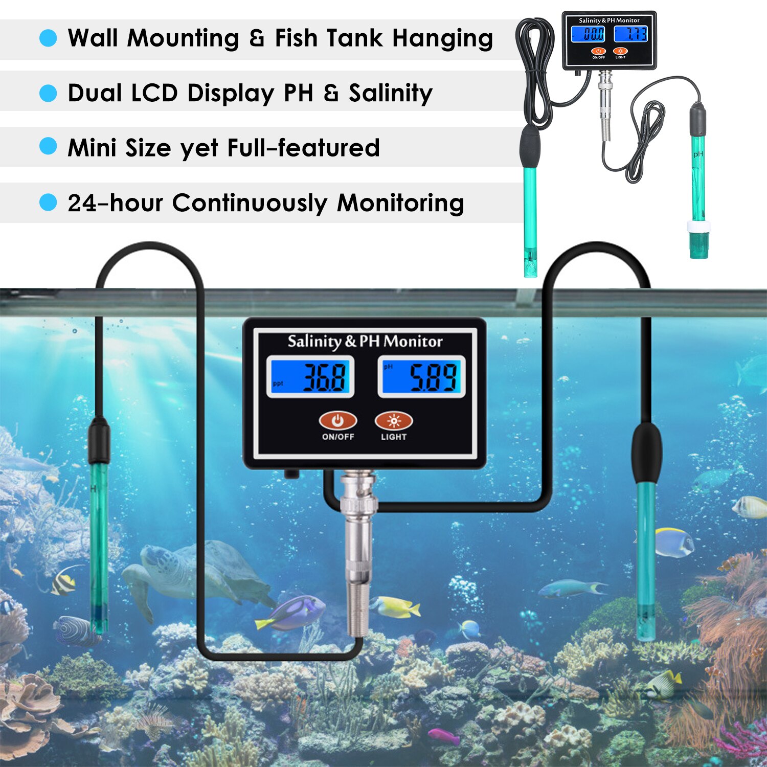 2-en-1 PH/salinité moniteur de de l'eau pH et salinité moniteur mètre eau de mer salinité moniteur PH de l'eau testeur