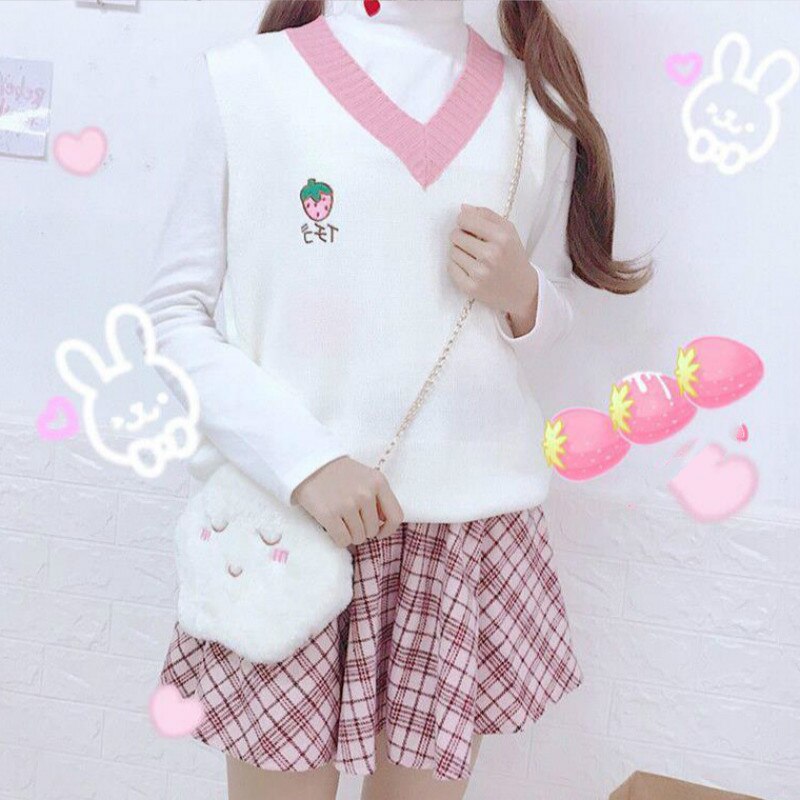 Camisola colete feminino sem mangas decote em v kawaii impresso tricô sólido lazer doce bonito estudantes escola streetwear roupas das mulheres