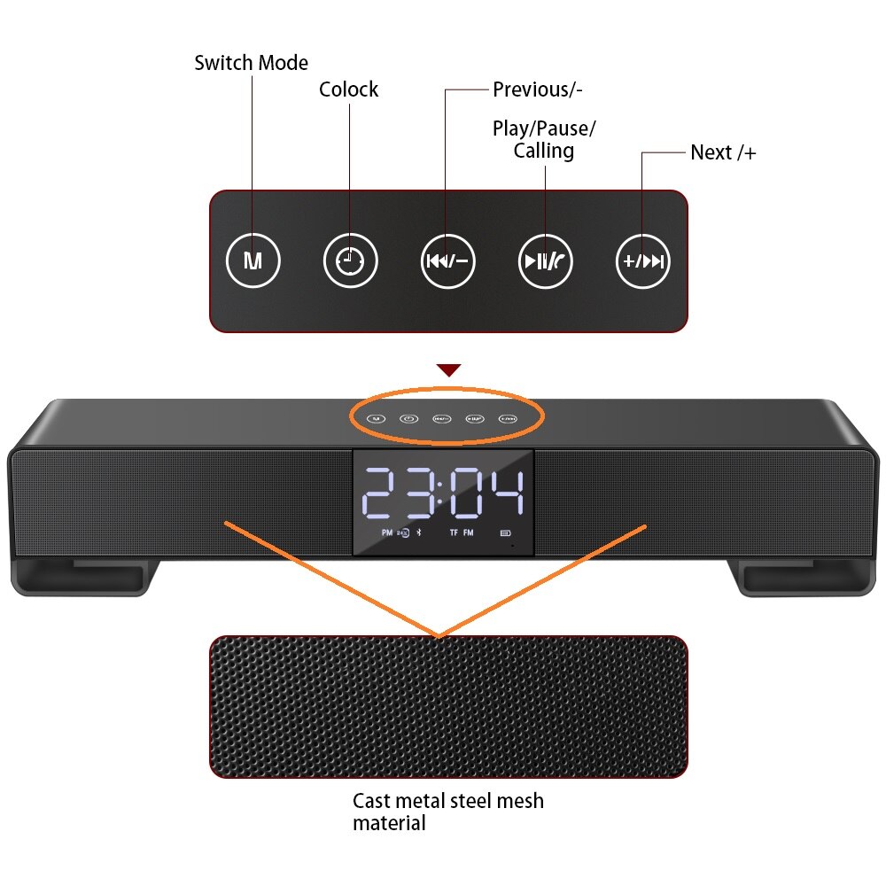 TOPROAD Touch Wireless Soundbar Dual Bass Stereo Bluetooth Speaker Support LCD Display Clock Handfree Radio Boombox for PC Phone