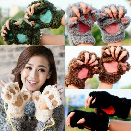 Gants pour demi-doigt Costume noir et Beige | de femmes, griffe de chat, patte de chat, peluche chaude et douce, ours moelleux court