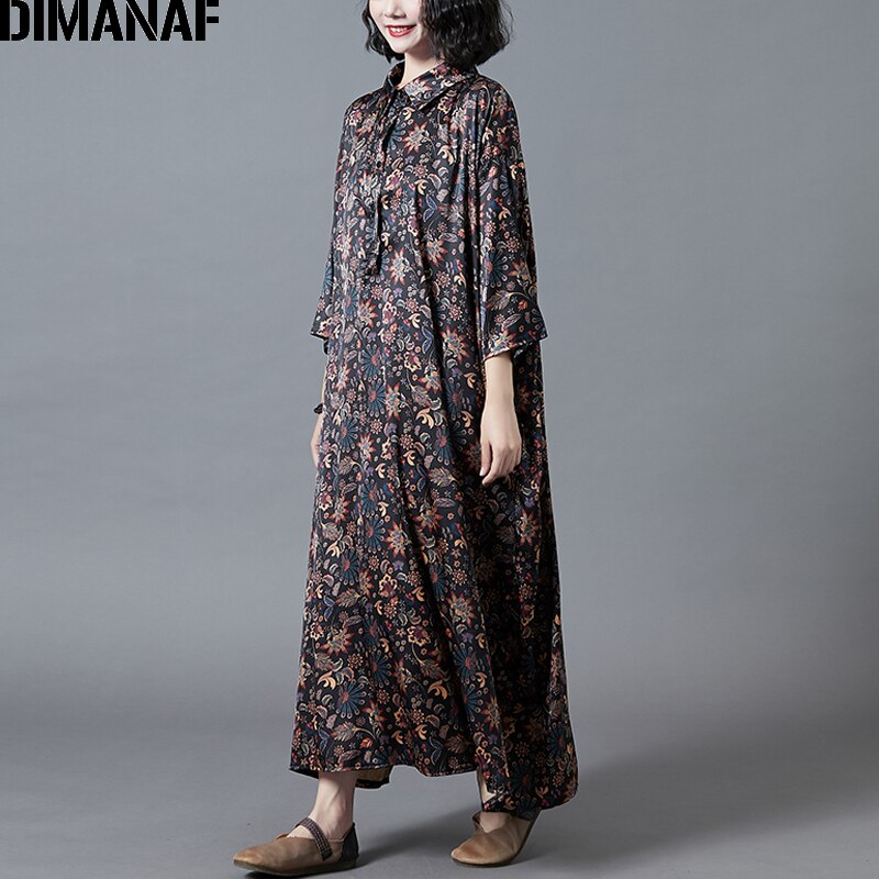 Dimanaf plus size damekjole vintage dame vestidos silke løs afslappet print blomstret maxi kjole 5xl 6xl efterårstøj