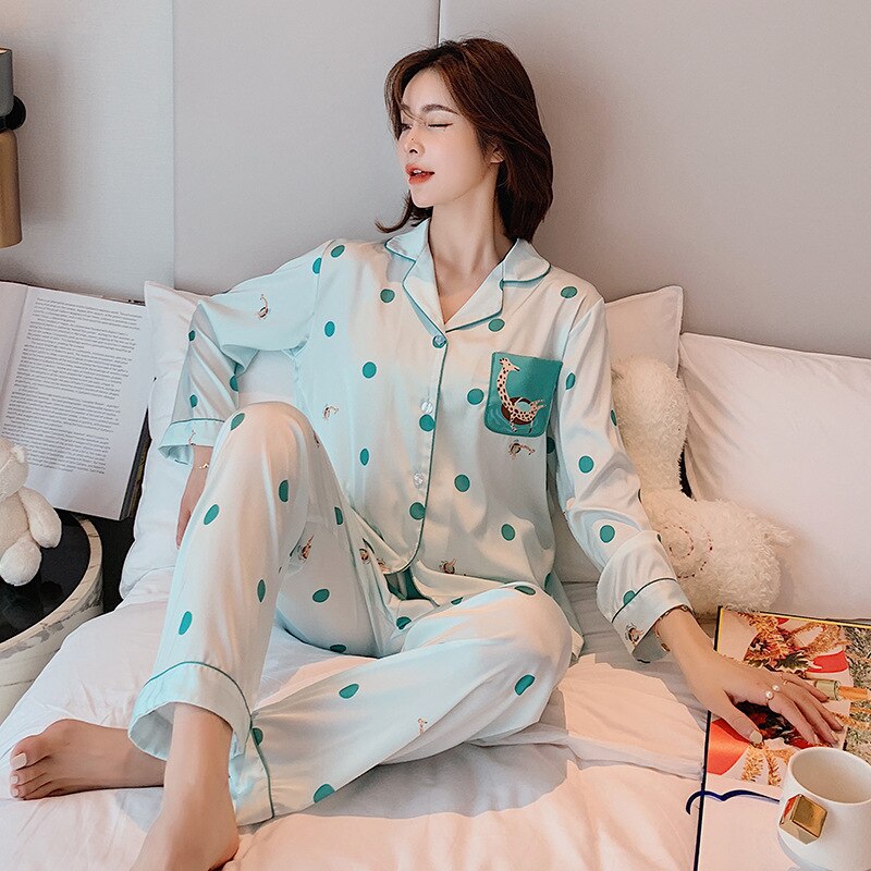 ChunShang Women's Spring And Autumn Long-Sleeved Ice Silk Thin Two-Piece Suit V-Neck Pajamas Home Service