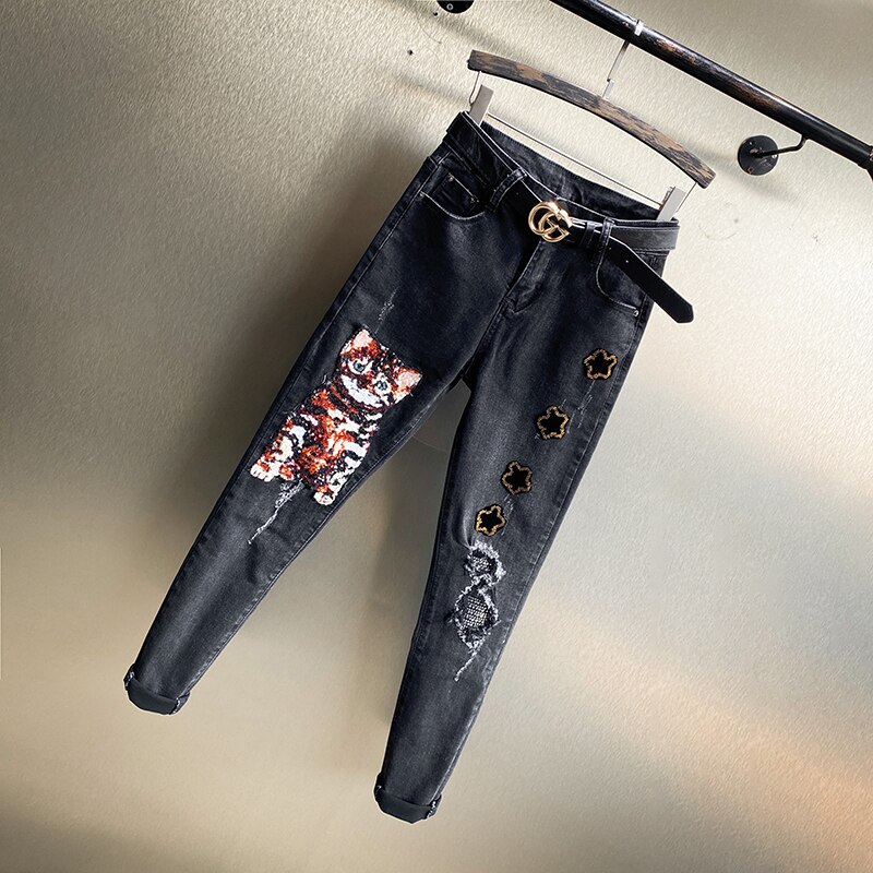 Pantalones vaqueros con bordado de lentejuelas y diamantes para mujer, Jeans ajustados de dibujos animados, elásticos, color negro, primavera y otoño, novedad de