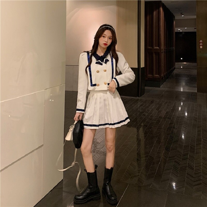 Ensemble de Style japonais coréen JK pour femmes, uniforme scolaire à manches longues pour élèves filles, marine de lycée, jupe plissée, hauts courts
