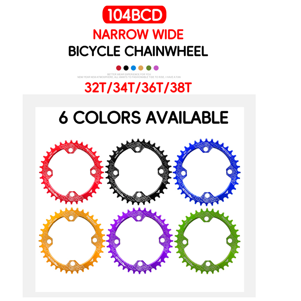 Manivela redonda para bicicleta, rueda de cadena angosta y ancha de placa única con forma redonda MTB 104BCD, 32T/34T/36T/38T